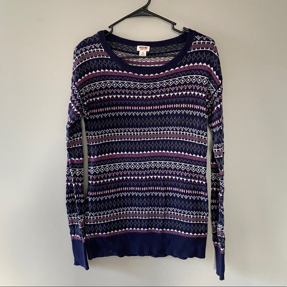 Mossimo Blue Geometric Striped Fitted Knit Cotton Pullover Sweater Women's Sz XS